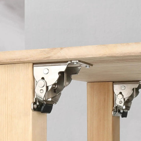 Installed 12 Piece Self Locking Folding Table Leg Brackets With 0 To 90 Degree Adjustable Hinges on wooden table, silver finish