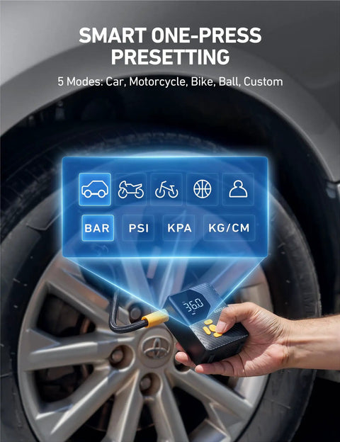 Close-up of the AstroAI L7 Mini Compact Portable Tire Inflator For Cars Bikes And Balls With 150 PSI Pump displaying modes on screen.
