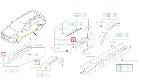 Diagram showing 10 Piece Fender Rocker Garnish Pillar Trim Clip Set With Sealer For Subaru Vehicles Including Forester Impreza Legacy