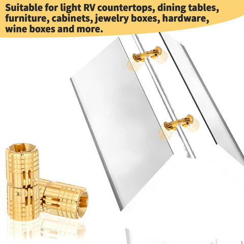 Six 8 Mm Hidden Brass Hinges With 24 Screws For Concealed Cabinet Hardware, 180 Degree Opening, shown in a cabinet installation