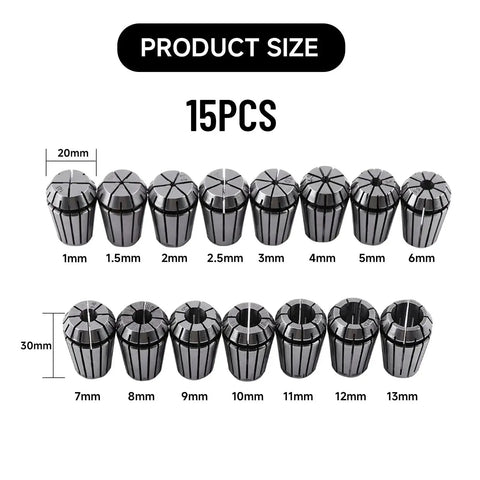 Pro Grade Heavy Duty 15 Piece ER20 Collet Set Ranging 1 To 13 mm in Metric Steel with 65Mn Spring Steel Construction