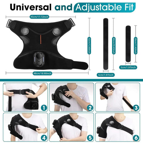 Cordless Shoulder Heating Pad With Massage For Frozen Shoulder And Rotator Cuff Pain Relief, showing adjustable fit and dimensions