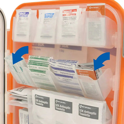 Open All-Purpose 100-Person Emergency First Aid Kit with compartments showing various bandages and antiseptic towelettes.