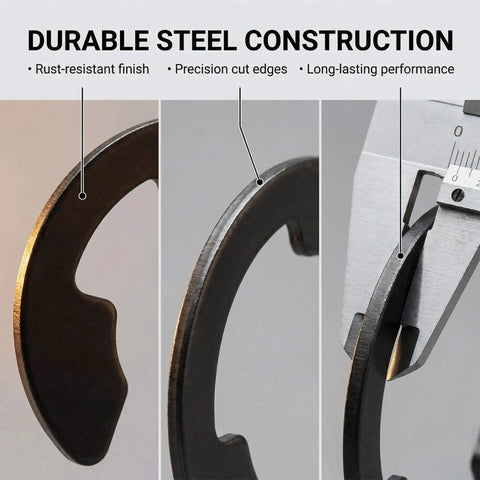 Close-up of durable steel E clip with precision cut edges from 800 Piece E Clip Retaining Ring Kit With 10 Sizes In Manganese Steel Pro Grade.