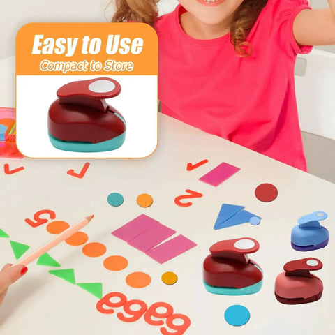 Three Size Circle Hole Punch Set for Scrapbooking and Card Making shown in use, with spring action design, featuring colorful paper shapes