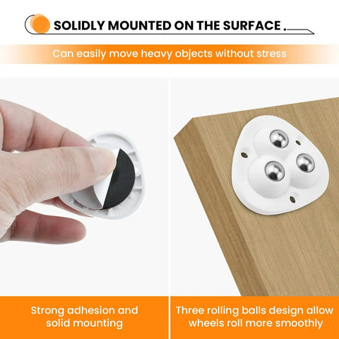 Mini Self Adhesive Caster Wheels 360 Degree Swivel Ball Transfer Rollers for Small Appliances, adhesive application shown on wood surface