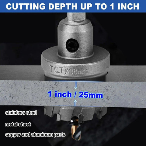 1 Inch Tungsten Carbide Tip Hole Saw With M2 Pilot Bits for cutting hard metal and stainless steel, 25mm depth, installed