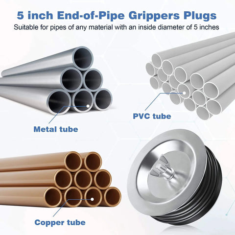 5 Inch End Of Pipe Mechanical Cleanout Plug With Airtight Gasket And Steel Construction Featuring Galvanized Screw And Wing Nut next to metal, PVC, and copper pipes.