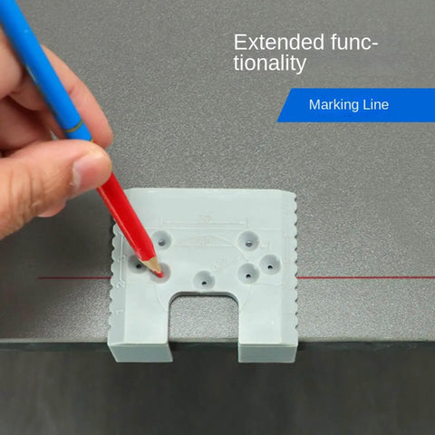 Hand using a pencil with Door Hinge Router Jig With Adjustable Mortise Guide And 2mm Precision Groove on a surface for marking