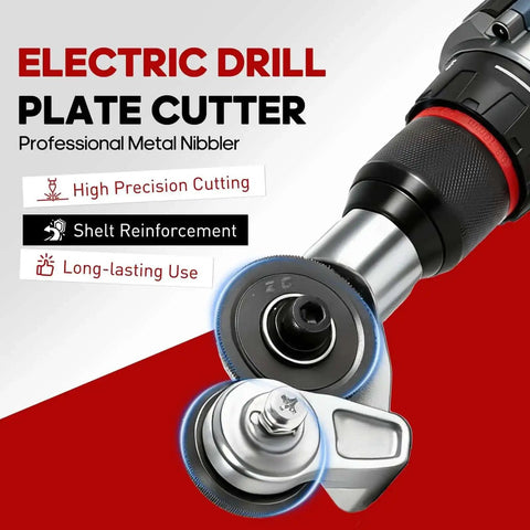 Metal Nibbler Drill Attachment Turn Your Power Drill Into A Pro Level Sheet Metal Cutter With A Double Cut Design For Fast Clean Burr Free Cuts On Steel Aluminum And Roofing Panels shown with cutting features.