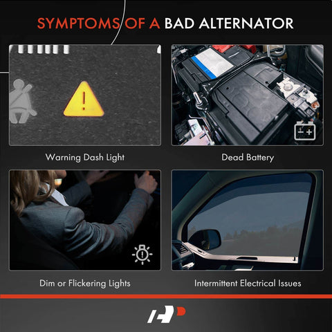 Diagram showing symptoms of a bad alternator: warning dash light, dead battery, dim lights, intermittent issues.