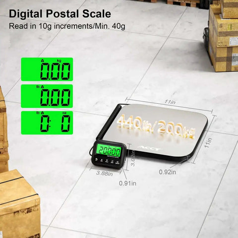 Beefy 440Lb Postal Scale with Stainless Steel Platform, tare hold, and counting functions on a warehouse floor with parcels.