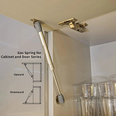 Installed gas spring with diagram; Two Pack Gas Springs Set For Cabinet Doors With 100N Lift Supports 22.5 Lb Soft Close Hinges