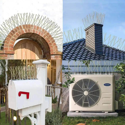 Stainless Steel Bird Spikes Deterrent Strips installed on archway, roof, mailbox, and air conditioner for 4.1 feet coverage