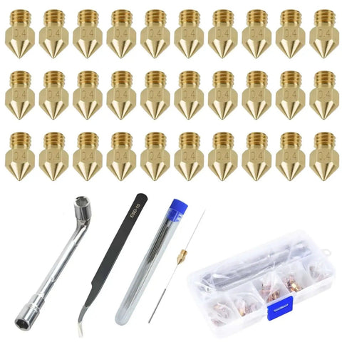 30 Pack 0.4mm Brass Nozzles for Ender 3 V2 and Creality CR10 Series 3D Printer With Storage Box, cleaning tools shown