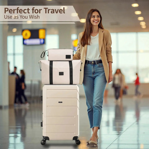 Woman at airport with Expandable 3 Piece Luggage Set For Travel With Spinner Wheels And TSA Lock, 20 Inch Carry On Hardshell, Beige