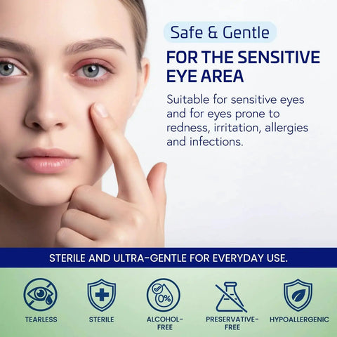 Woman pointing to eye area with Hypoallergenic Preservative Free Eyelid Wipes For Sensitive Eyes Twin Pack benefits displayed