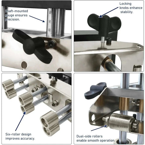 Close-up details of 3 Station Roller Bender For Sheet Metal, showcasing adjustable locking knobs and six-roller design for precise bending angles.