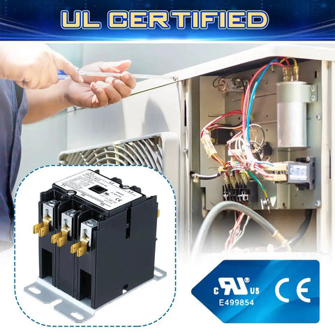 Beefy Three Pole 40 Amp HVAC Contactor With 24V Coil For Air Conditioners And Heat Pumps, UL certified, shown with HVAC unit