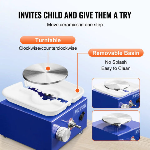 Awesome Mini Pottery Wheel Kit For Kids And Beginners with Turntable and Removable Basin shown.