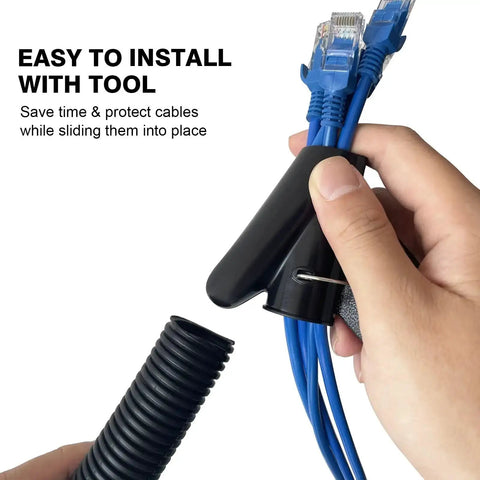 Easy installation of Flame Retardant Half Inch Split Wire Loom Tubing 25 Feet includes no fuss tool for blue cables and wires.