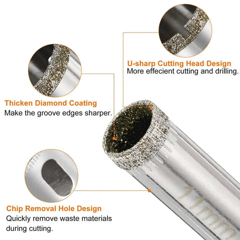 Close-up of Premium Diamond Drill Bit Set For Tile Cutting, showing thickened diamond coating and U-sharp cutting head design.