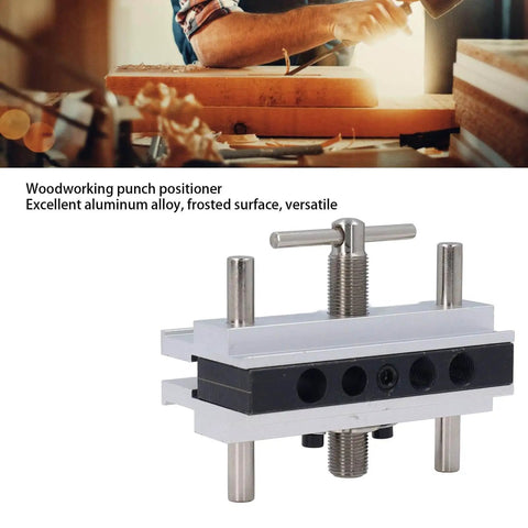 Self Centering Doweling Jig Kit With Adjustable Width Drilling Guide And Six Bushings for precise wood joinery, silver finish.