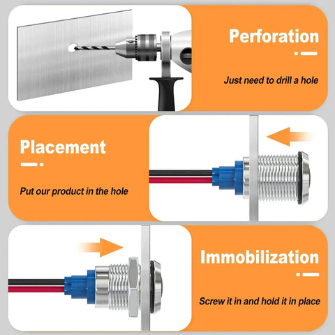 Installation guide for low power red LED indicator light, showing drilling, placement, and securing in panel mount for easy install.