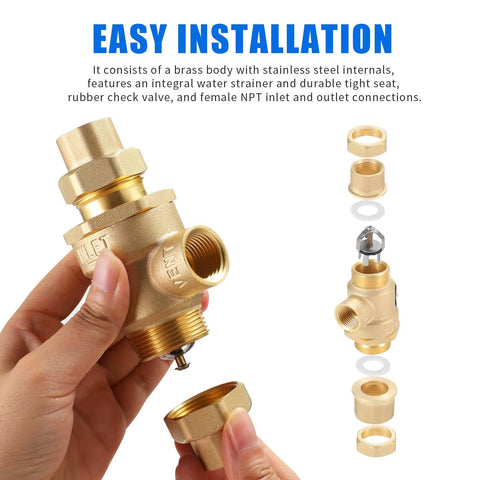 Brass 1/2 in backflow preventer valve with dual check and atmospheric vent, includes fittings and seals
