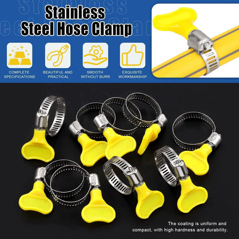 Adjustable 19-29mm Hose Clamps Set With Key Type Worm Gear, 20Pcs Stainless Steel 304 Clamps With Plastic Handle, shown with yellow keys.