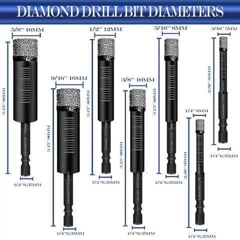 Image showing the Ten Piece Three Sixteenth Inch Diamond Drill Bit Set For Tile Ceramic Marble Porcelain Glass Dry Core Bits With Cooling Wax.