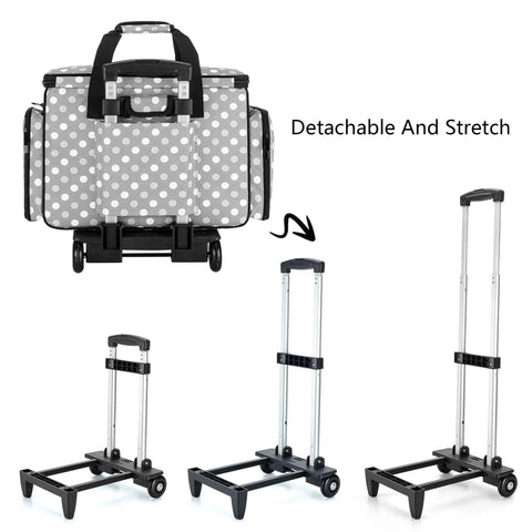 Detachable Dolly Sewing Machine Case With Rolling Tote And Removable Bottom Pad for standard sewing machines, gray dots design