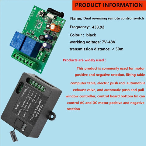 Image of a dual reversing remote control switch with a 433.92 MHz frequency and 7-48V working voltage, shown with electronic components.