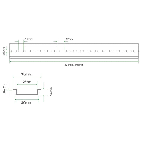 Technical drawing of a Two Piece DIN Rail Slotted Aluminum Alloy Channel with Anodized Finish, 12 Inch Length, 35mm Width, 7.5mm Height