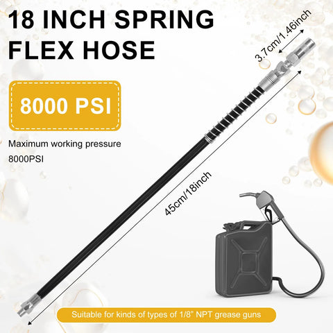 Amazon grease gun hose kit, 18-inch spring-flex hose with 1/8 NPT ends and coupler, 8000 PSI