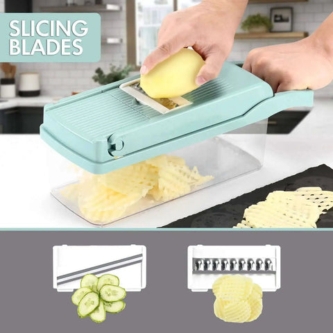 12 in 1 Vegetable Chopper And Slicer For Kitchen Prep Like A Pro, blue, shown slicing potatoes with sharp blades on kitchen counter