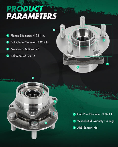 Two Front Wheel Bearing And Hub Assembly For Toyota Prius 2004 2005 2006 2007 2008 2009 5 Lug 1.5L Front Wheel Hub Replacement Kit With OE Style Fit And Durable Long Lasting Performance shown with dimensions and specifications