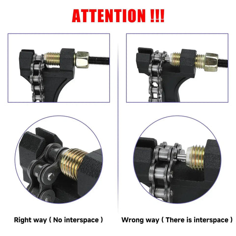 Visual guide showing correct and incorrect use of Universal Motorcycle Chain Breaker Tool For 420 428 520 525 530 Chains.