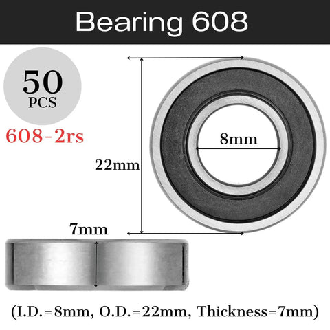 Diagram of 608 2RS Double Rubber Sealed Ball Bearings Set 50 Pack 8x22x7mm with dimensions and side view.