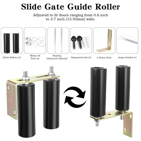 Six Inch Gate Roller Guide For Sliding Gates With L Bracket Universal Adjustable Heavy Duty Sliding Gate Rollers Black Gate Kit shown