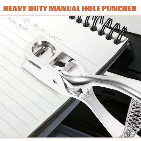 Compact Manual Oval Hole Puncher For IDs And Office Paper, Rugged Metal Single Hole Punch Tool next to spiral notebook