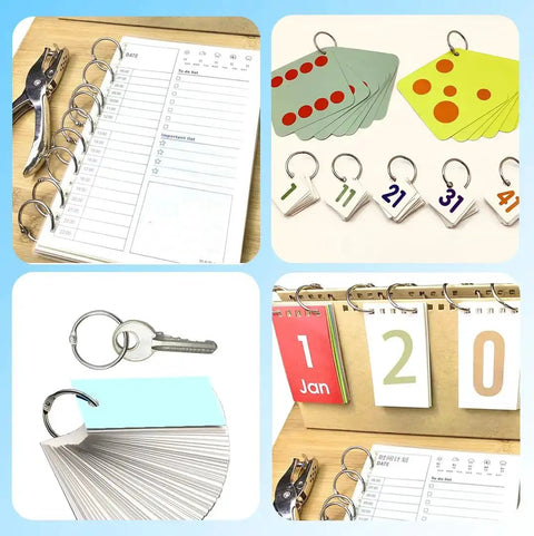 Collage showing uses of 40 Pack 1 Inch Binder Rings With Metal Single Hole Punch Nickel Plated Steel Rings For Index Cards And Flash Cards Silver Holds Up To 175 Sheets Of 20 Lb Paper
