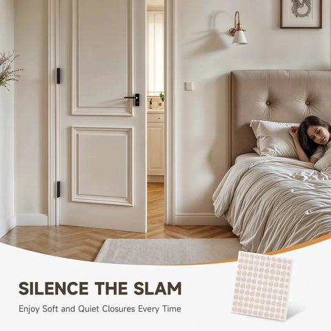 Cozy bedroom scene with 100 Piece Felt Cabinet Door Bumpers Self Adhesive Soft Close Absorb Impact And Reduce Noise 0.4 Inch Diameter.