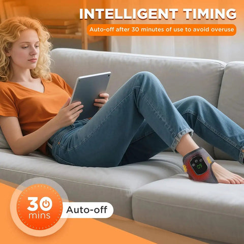 Woman using Wireless Ankle Heating Pad For Pain Relief And Neuropathy Portable Ankle Massager Wrap with tablet, auto-off feature