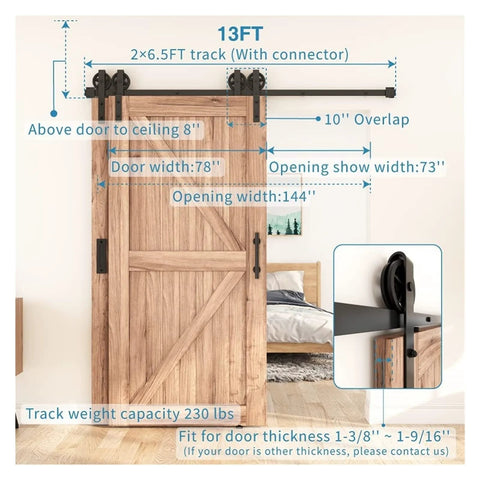 Antique Style Bypass Sliding Barn Door Hardware Kit With Black Top Mounted Tracks And Rollers for Double Doors Smooth Quiet Operation installed on a wooden door, showing dimensions and track details.