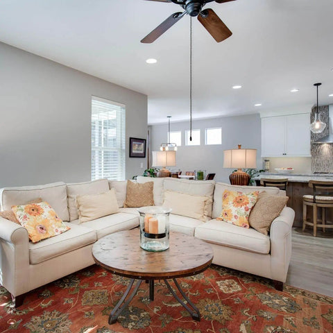 Living room with ceiling fan using 2 Pack 36 Inch Stainless Steel Ceiling Fan Pull Chain Extension Bead Chain Rustproof and Heavy Duty.