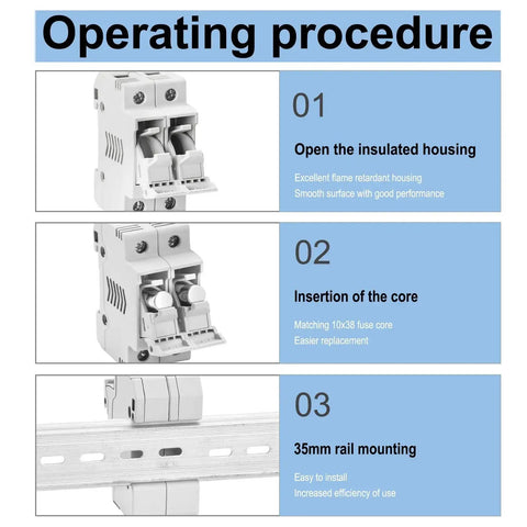 Diagram showing installation process of PV Solar Fuse Holder 2 Pole With 35mm DIN Rail Mount For Solar Arrays HSPV 30D DC 1000V 32A.