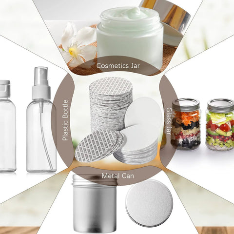 70 mm foam lid liner kit; stack of white round seal discs with plastic bottles and glass jars.
