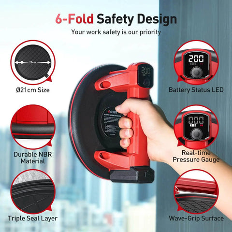 Cordless Vacuum Lifter For Glass And Tile With 21 Cm NBR Base 440 Lbs Max Load Heavy Duty Electric Suction Cups LCD Display