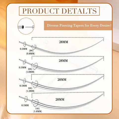 Detailed view of Piercing Taper Grabber Reacher Tool Set For Flat Back Earrings Applicator 14G 16G 18G 20G Stainless Steel Threadless Insertion Pin Kit For Ear Nose Lip showing 0.8mm to 1.6mm tapers with dimensions.